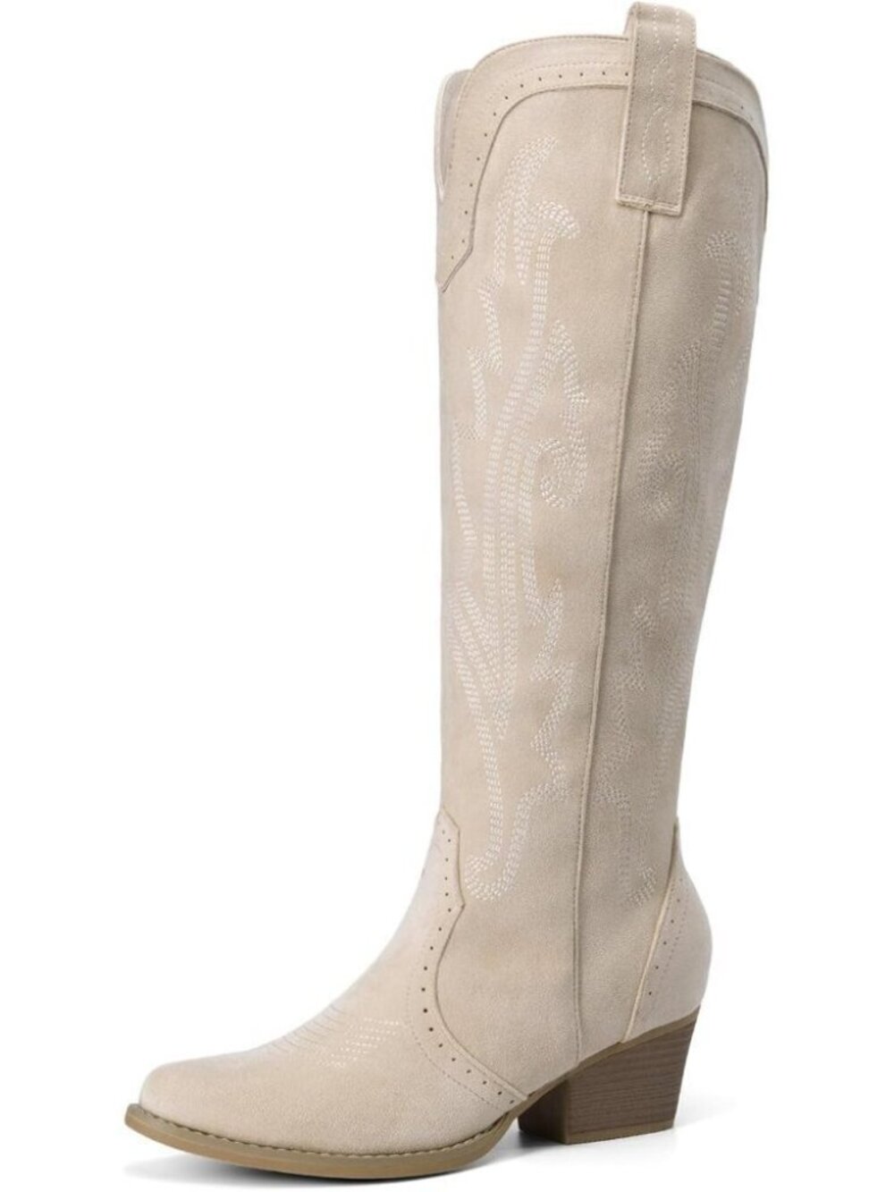 🆕Women's Beige Comfortable Chunky Heel Embroidered Western Retro Knee High Boot